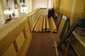 The side panel and the framework pieces for the Swell side of the organ