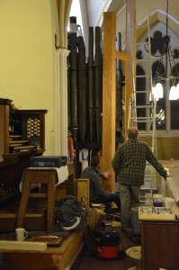 Fitting the casework frame on the Great & Choir side of the organ