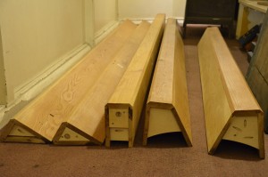 The framework pieces for the Swell side of the organ (they are immensely heavy)