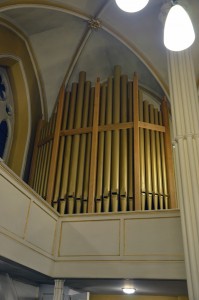 The Swell side of the organ with pipes fitted in the casework