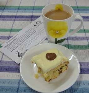 Email list slip, tea and Sue's yummy cake