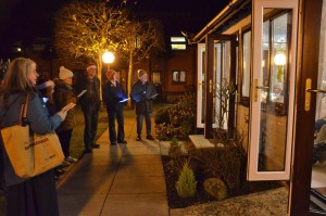 Singing for Fegan's Court residents through open French doors